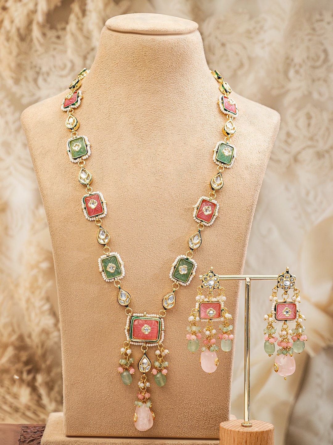 Rubans 22K Gold-Plated Handcrafted Enamel Meenakari Kundan Luxe Necklace Set with Pastel Pink & Green Gem Floral Beads and CZ Accents Jewellery Set