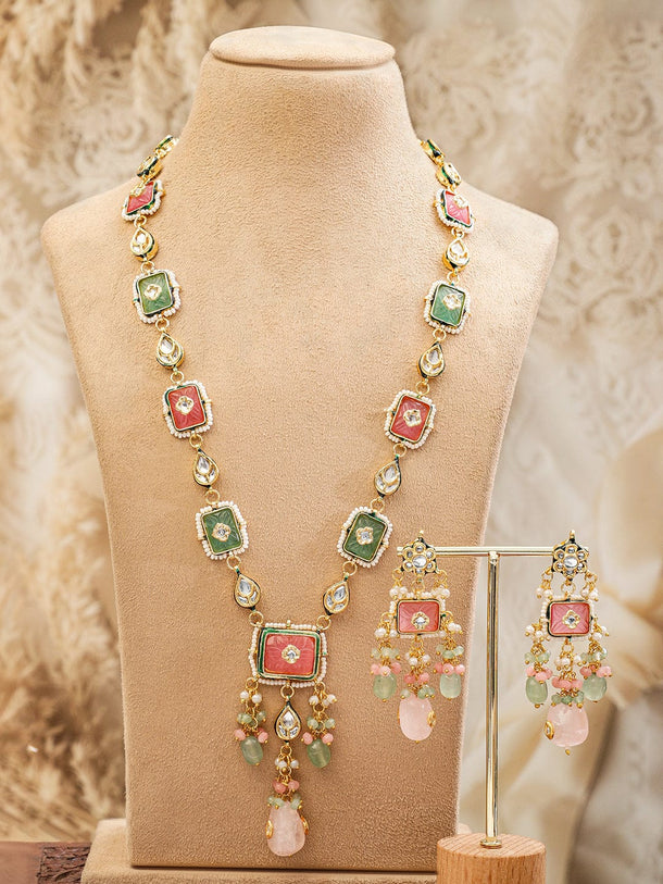 Rubans 22K Gold-Plated Handcrafted Enamel Meenakari Kundan Luxe Necklace Set with Pastel Pink & Green Gem Floral Beads and CZ Accents Jewellery Set
