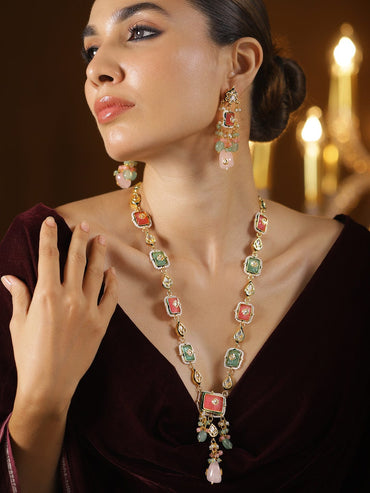 Rubans 22K Gold-Plated Handcrafted Enamel Meenakari Kundan Luxe Necklace Set with Pastel Pink & Green Gem Floral Beads and CZ Accents Necklace set