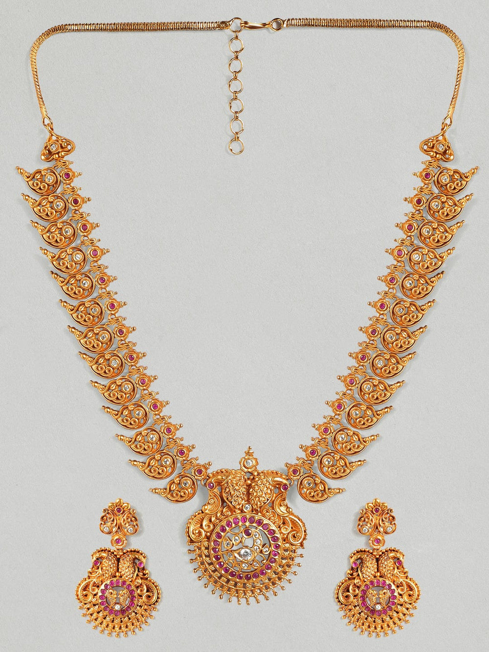 Rubans 22K Gold Plated Handcrafted  Faux Ruby & Filigree Traditional Necklace Set Necklace Set