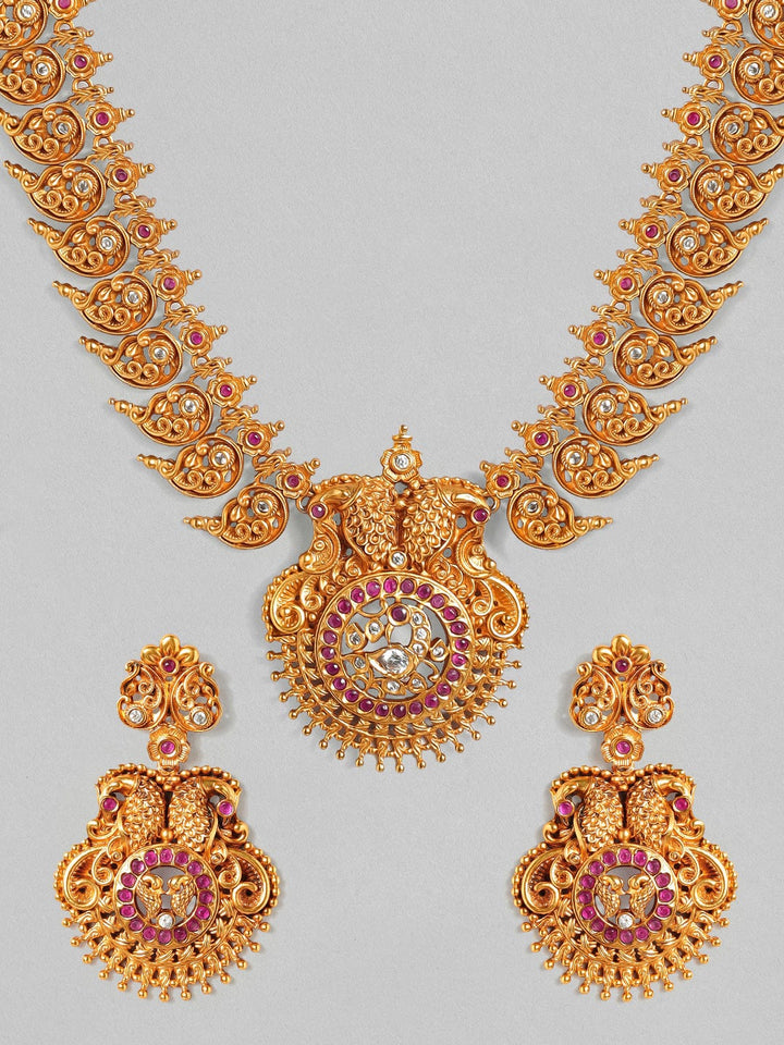 Rubans 22K Gold Plated Handcrafted  Faux Ruby & Filigree Traditional Necklace Set Necklace Set