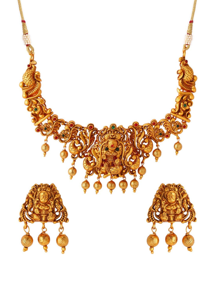 Rubans 22K Gold Plated Handcrafted Faux Ruby Filigree Traditional Temple Necklace Set Necklace Set