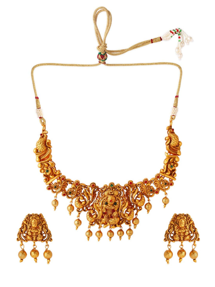 Rubans 22K Gold Plated Handcrafted Faux Ruby Filigree Traditional Temple Necklace Set Necklace Set