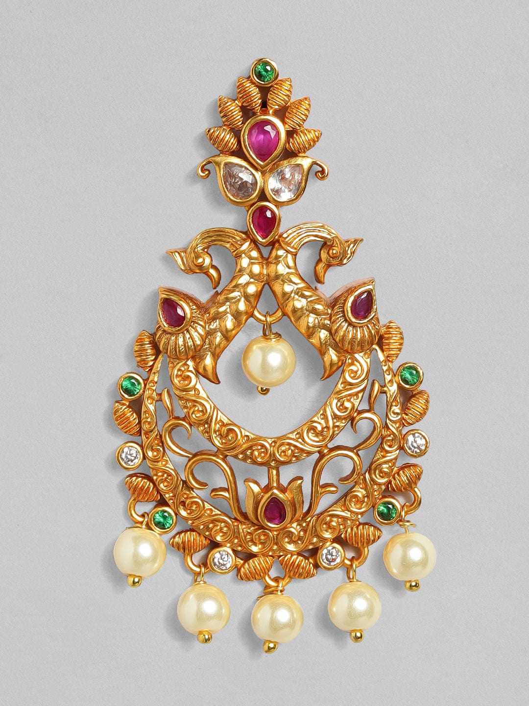 Rubans 22K Gold Plated Handcrafted Faux Ruby Stone with Pearls Peacock Chandbali Earrings Earrings
