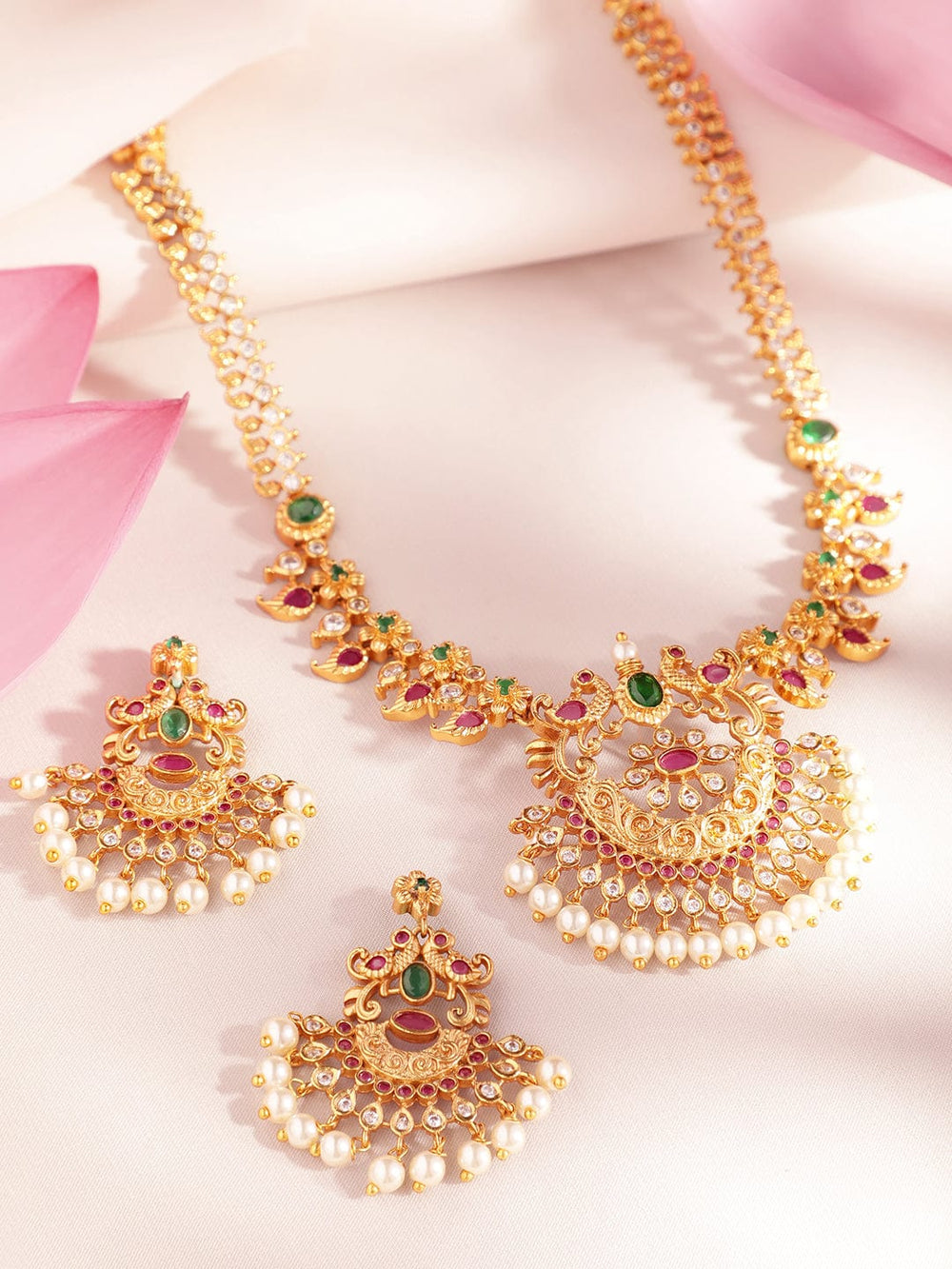 Rubans 22K Gold-Plated Handcrafted Faux Ruby Temple Jewellery Set Necklaces, Necklace Sets, Chains & Mangalsutra