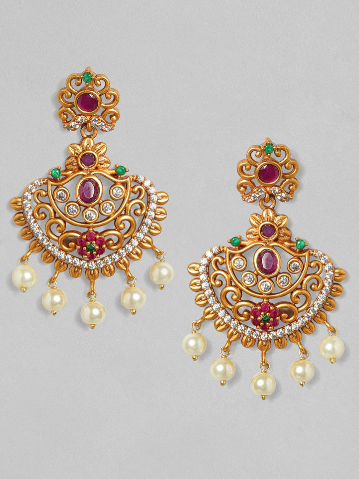 Rubans 22K Gold Plated Handcrafted Faux Ruby with White Pearls Chandbali Earrings Earrings