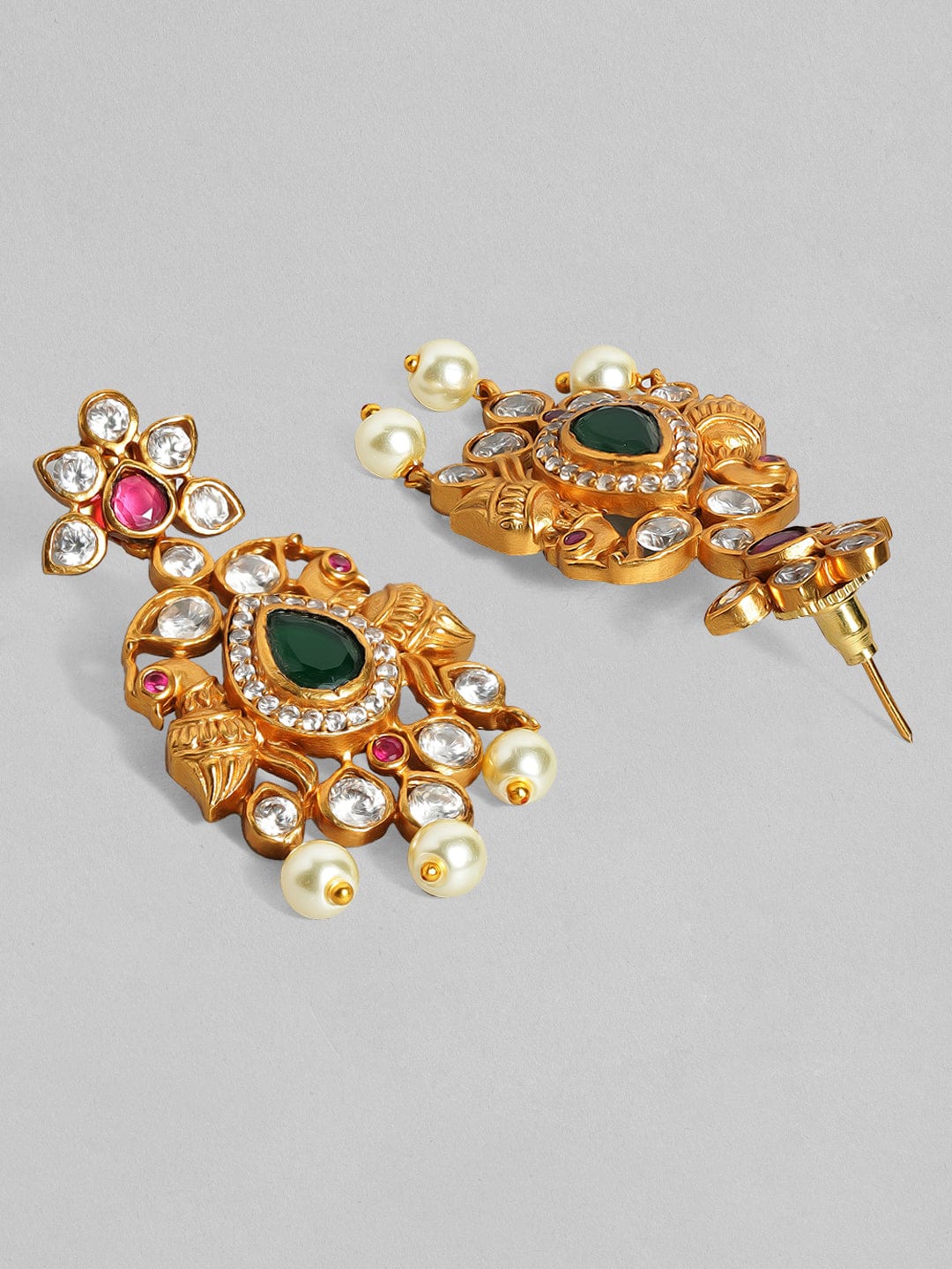 Rubans 22K Gold Plated Handcrafted Faux Ruby with White Pearls Drop Earrings Earrings