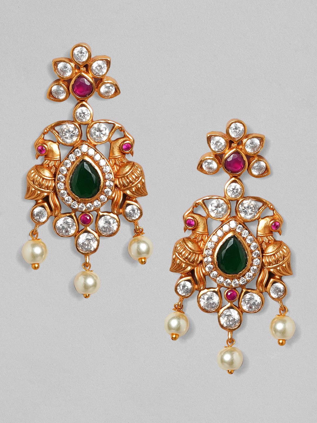 Rubans 22K Gold Plated Handcrafted Faux Ruby with White Pearls Drop Earrings Earrings
