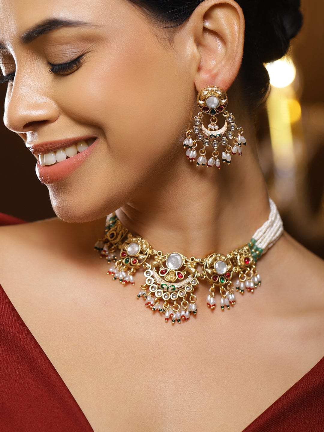 Rubans 22K Gold-Plated Handcrafted Kundan Choker Set with Ruby Red, Green Stones & Pearls Beads Jewellery Set