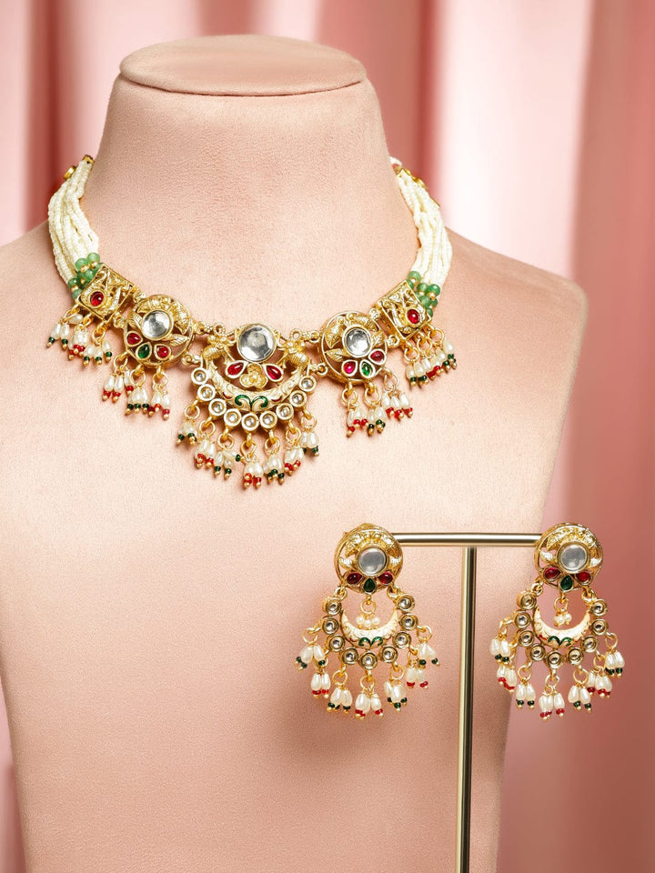 Rubans 22K Gold-Plated Handcrafted Kundan Choker Set with Ruby Red, Green Stones & Pearls Beads Jewellery Set