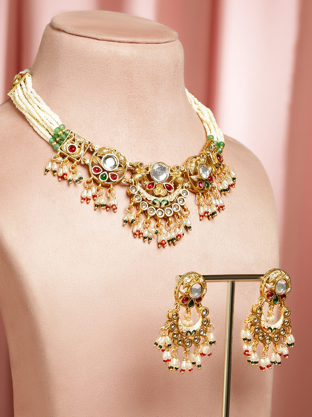 Rubans 22K Gold-Plated Handcrafted Kundan Choker Set with Ruby Red, Green Stones & Pearls Beads Jewellery Set