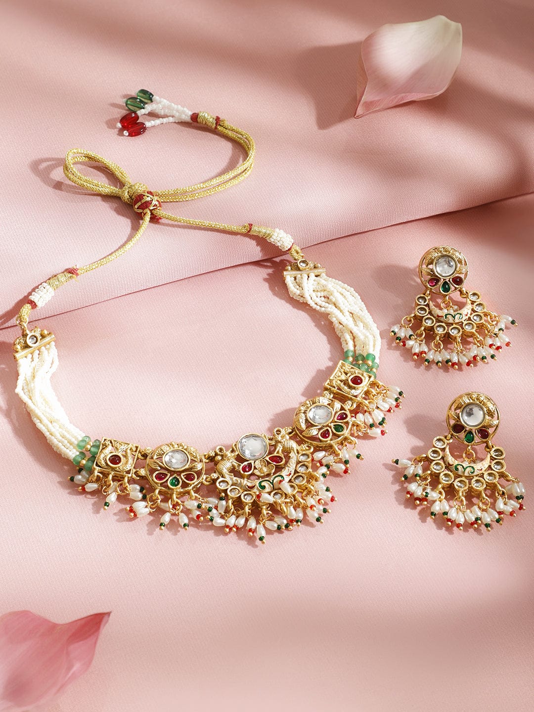 Rubans 22K Gold-Plated Handcrafted Kundan Choker Set with Ruby Red, Green Stones & Pearls Beads Jewellery Set