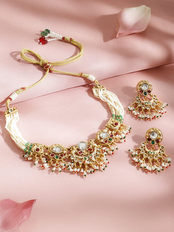 Rubans 22K Gold-Plated Handcrafted Kundan Choker Set with Ruby Red, Green Stones & Pearls Beads Jewellery Set