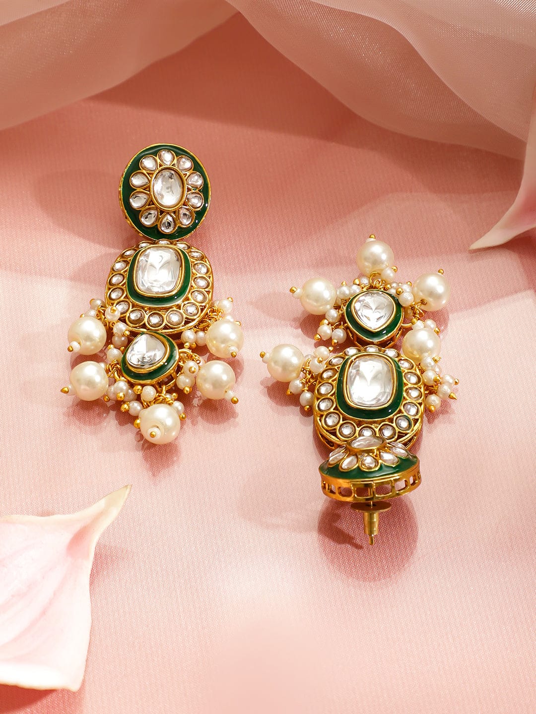 Rubans 22K Gold-Plated Handcrafted Kundan, CZ & Green Enamel Necklace Set with Pearls Beads Jewellery Set