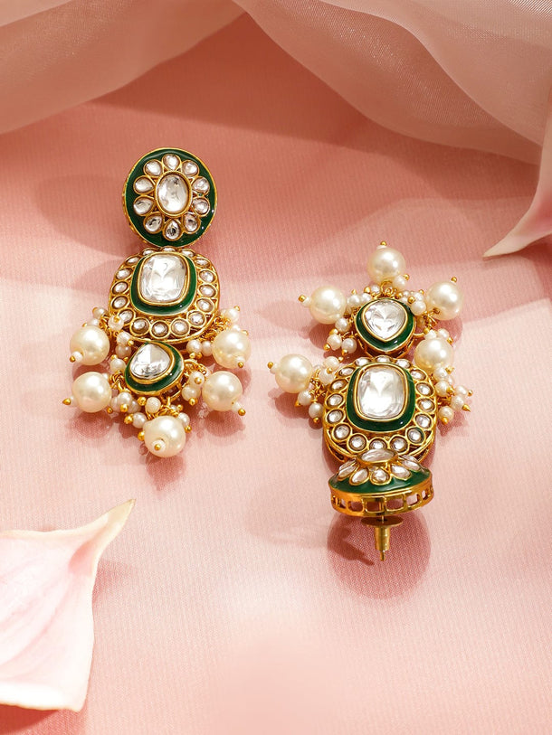 Rubans 22K Gold-Plated Handcrafted Kundan, CZ & Green Enamel Necklace Set with Pearls Beads Jewellery Set