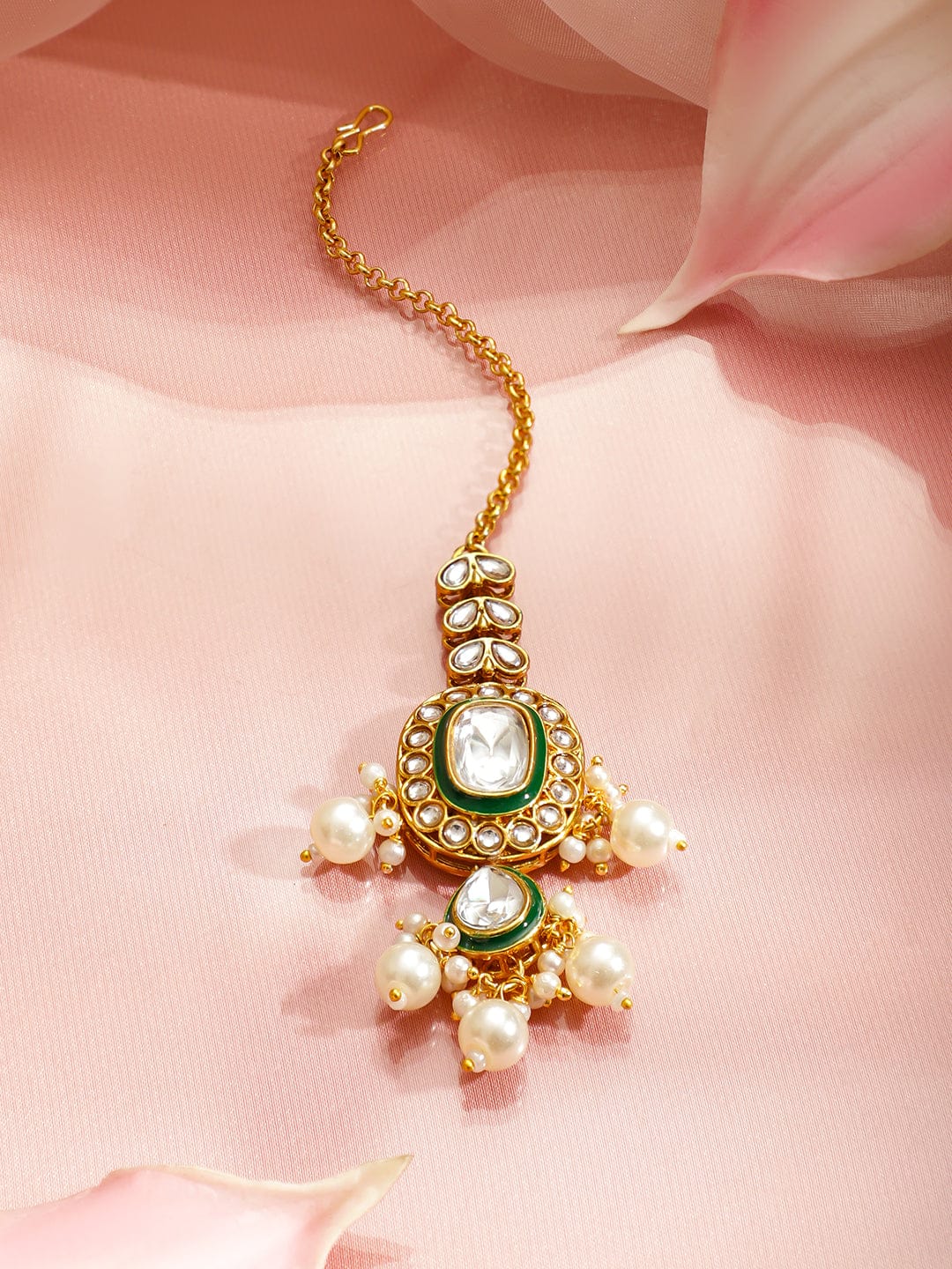 Rubans 22K Gold-Plated Handcrafted Kundan, CZ & Green Enamel Necklace Set with Pearls Beads Jewellery Set