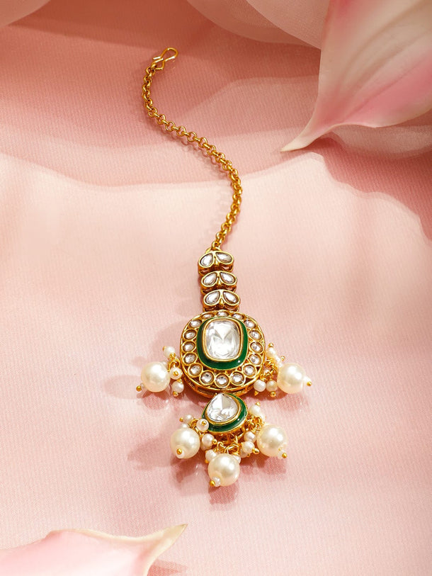 Rubans 22K Gold-Plated Handcrafted Kundan, CZ & Green Enamel Necklace Set with Pearls Beads Jewellery Set