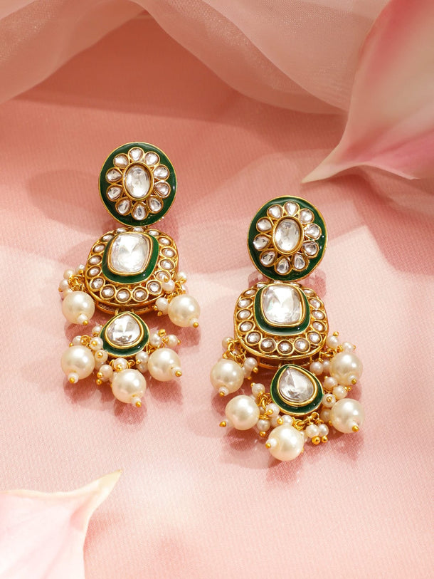 Rubans 22K Gold-Plated Handcrafted Kundan, CZ & Green Enamel Necklace Set with Pearls Beads Jewellery Set