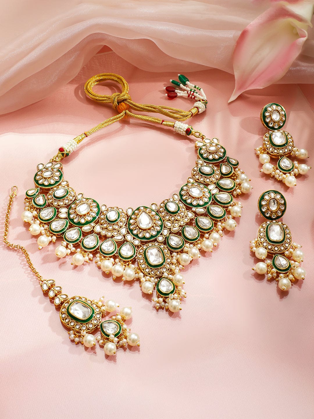 Rubans 22K Gold-Plated Handcrafted Kundan, CZ & Green Enamel Necklace Set with Pearls Beads Jewellery Set