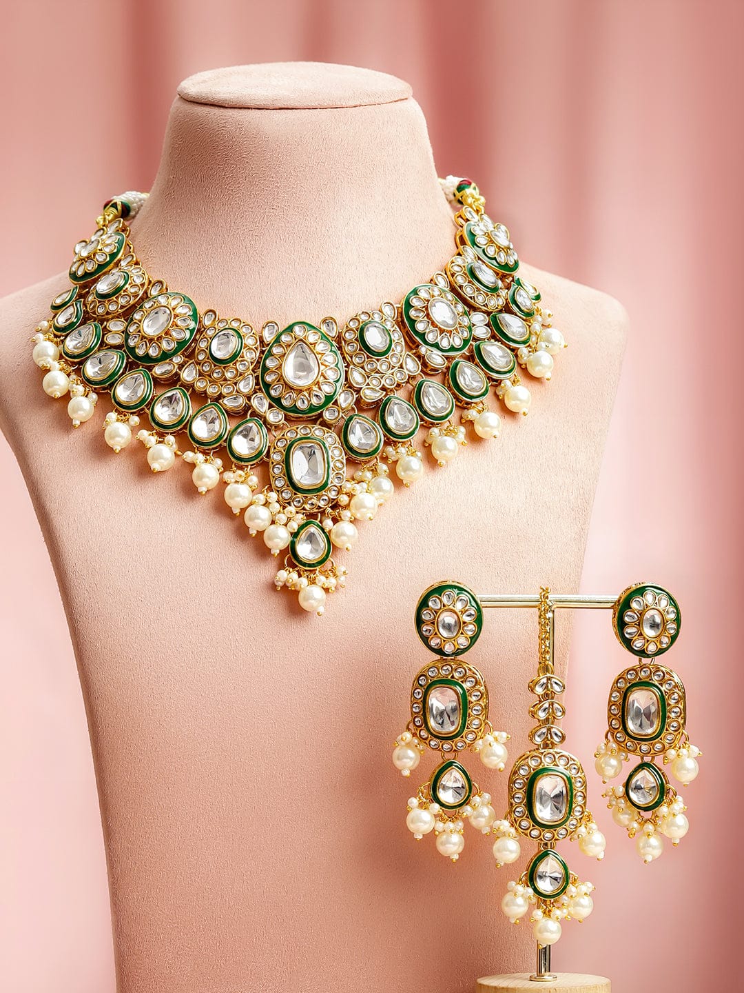 Rubans 22K Gold-Plated Handcrafted Kundan, CZ & Green Enamel Necklace Set with Pearls Beads Jewellery Set