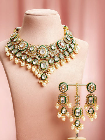 Rubans 22K Gold-Plated Handcrafted Kundan, CZ & Green Enamel Necklace Set with Pearls Beads Jewellery Set