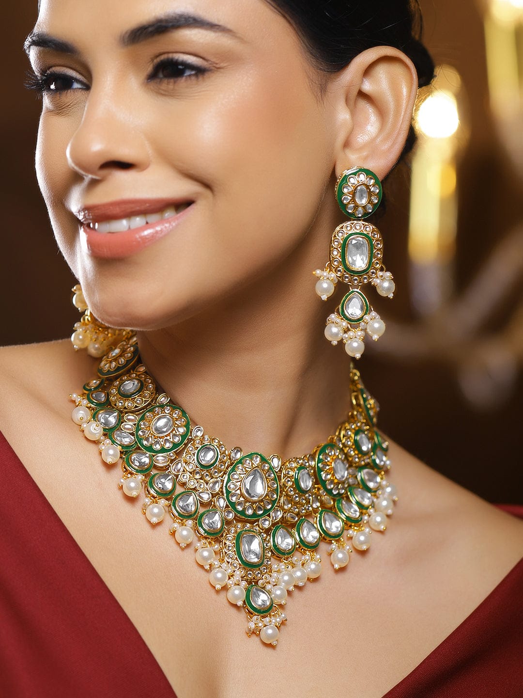 Rubans 22K Gold-Plated Handcrafted Kundan, CZ & Green Enamel Necklace Set with Pearls Beads Jewellery Set