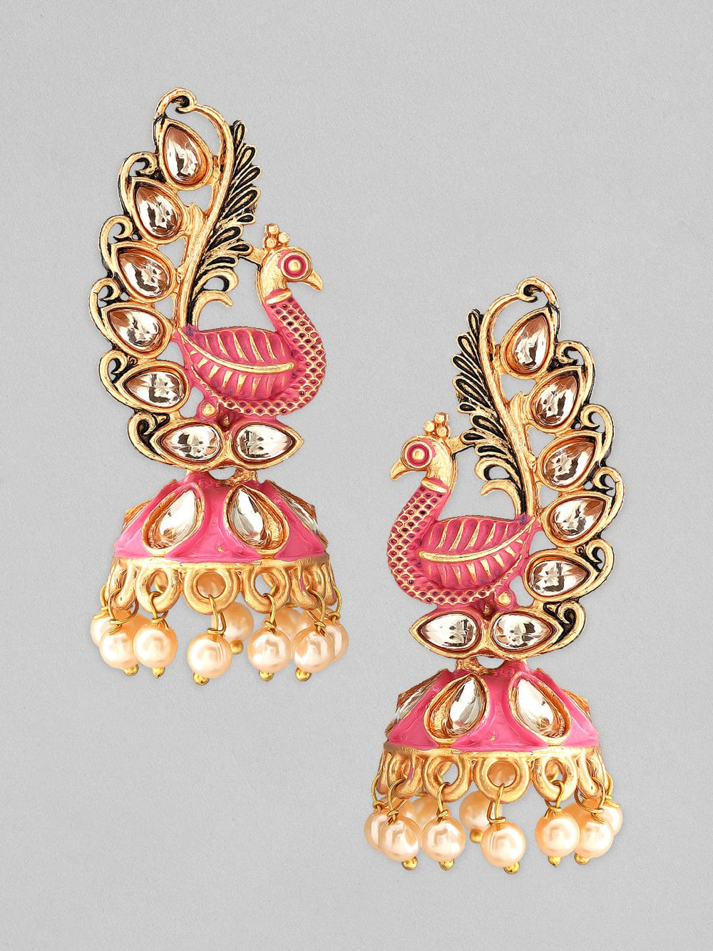 Rubans 22k Gold-Plated Handcrafted Kundan & Enamel Peacock Design Jhumka Earring Earrings