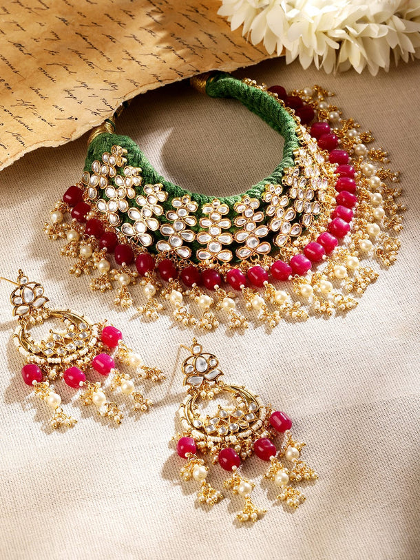 Rubans 22K Gold Plated Handcrafted Kundan Green Detailing Ruby & White Beaded Choker Jewellery Set Jewellery Set