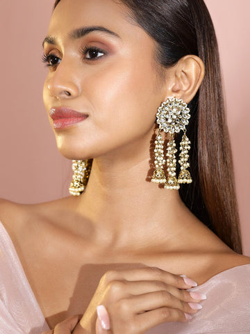 Rubans 22K Gold Plated Handcrafted Kundan Studded Floral Design 3-Layered Jhumka Earrings Earrings