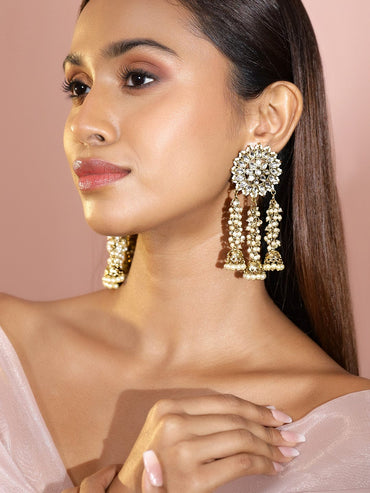 Rubans 22K Gold Plated Handcrafted Kundan Studded Floral Design 3-Layered Jhumka Earrings Earrings