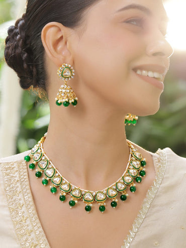 Rubans 22K Gold-Plated Handcrafted Kundan Studded Green Enamel & Green Beaded Necklace Set Necklace Sets