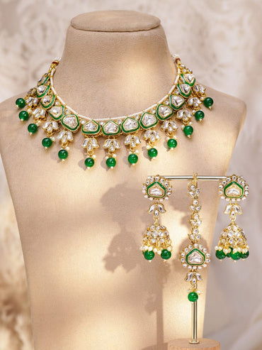 Rubans 22K Gold-Plated Handcrafted Kundan Studded Green Enamel & Green Pearl Beaded Necklace Set Jewellery Set
