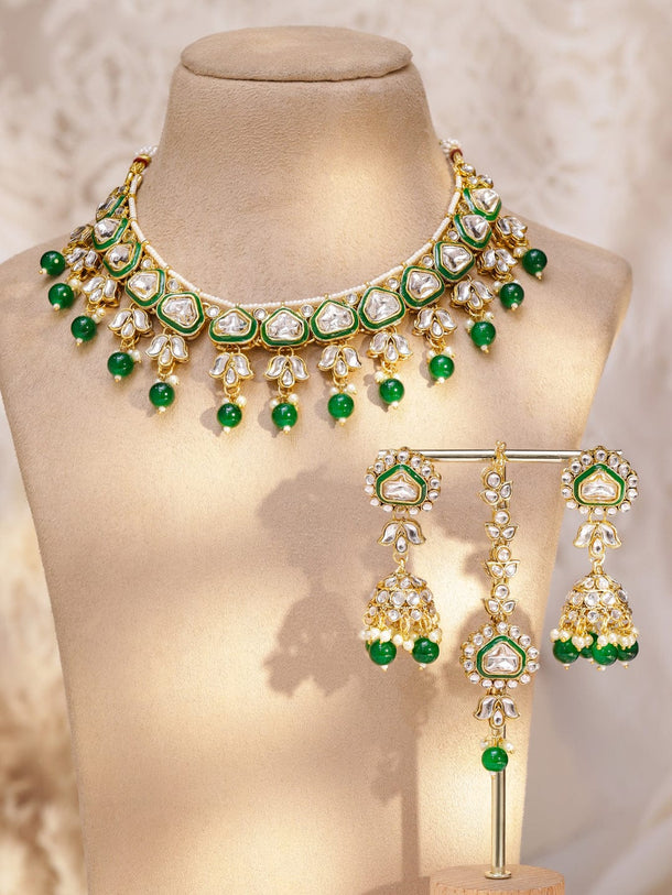 Rubans 22K Gold-Plated Handcrafted Kundan Studded Green Enamel & Green Pearl Beaded Necklace Set Jewellery Set