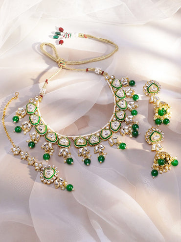 Rubans 22K Gold-Plated Handcrafted Kundan Studded Green Enamel & Green Pearl Beaded Necklace Set Jewellery Set