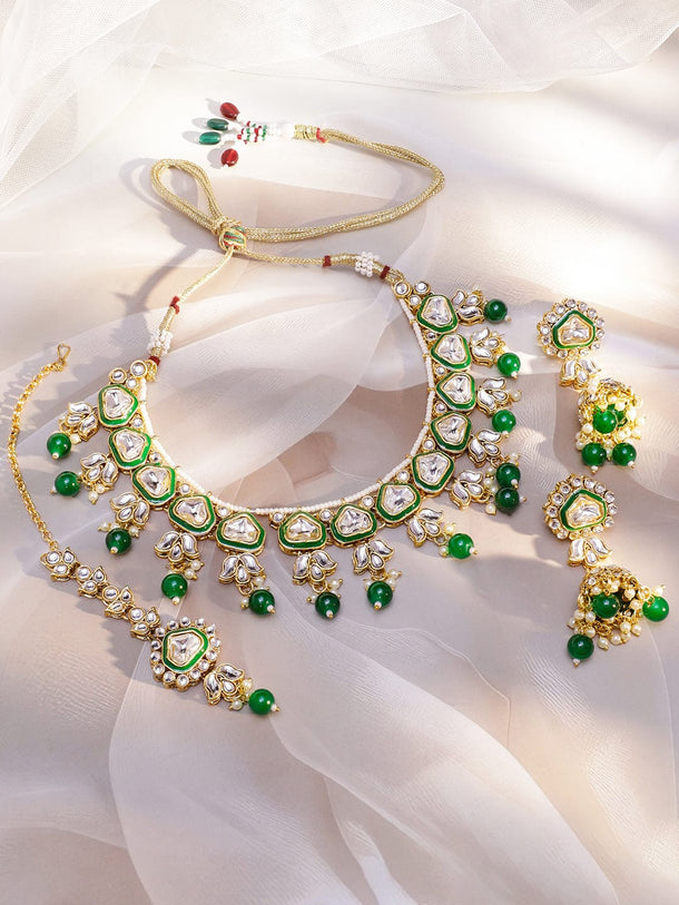 Rubans 22K Gold-Plated Handcrafted Kundan Studded Green Enamel & Green Pearl Beaded Necklace Set Jewellery Set