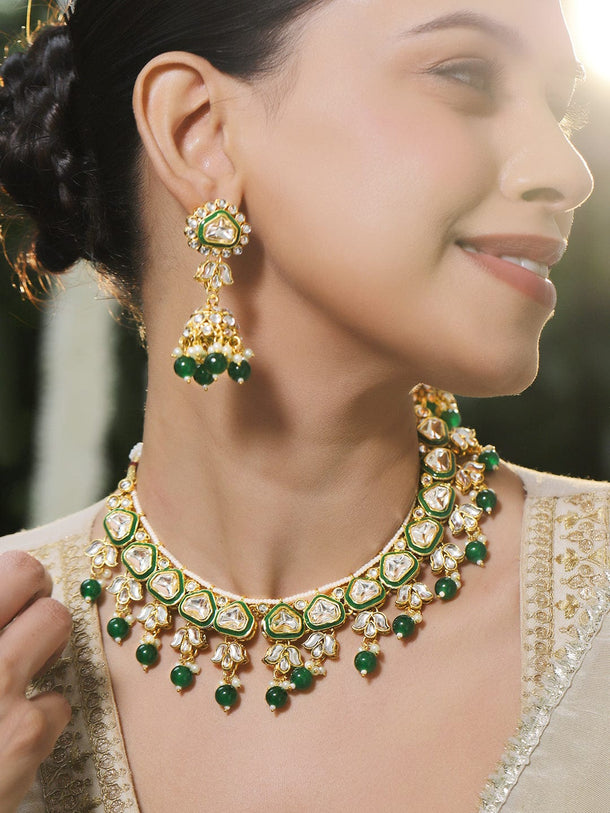 Rubans 22K Gold-Plated Handcrafted Kundan Studded Green Enamel & Green Pearl Beaded Necklace Set Necklace Sets