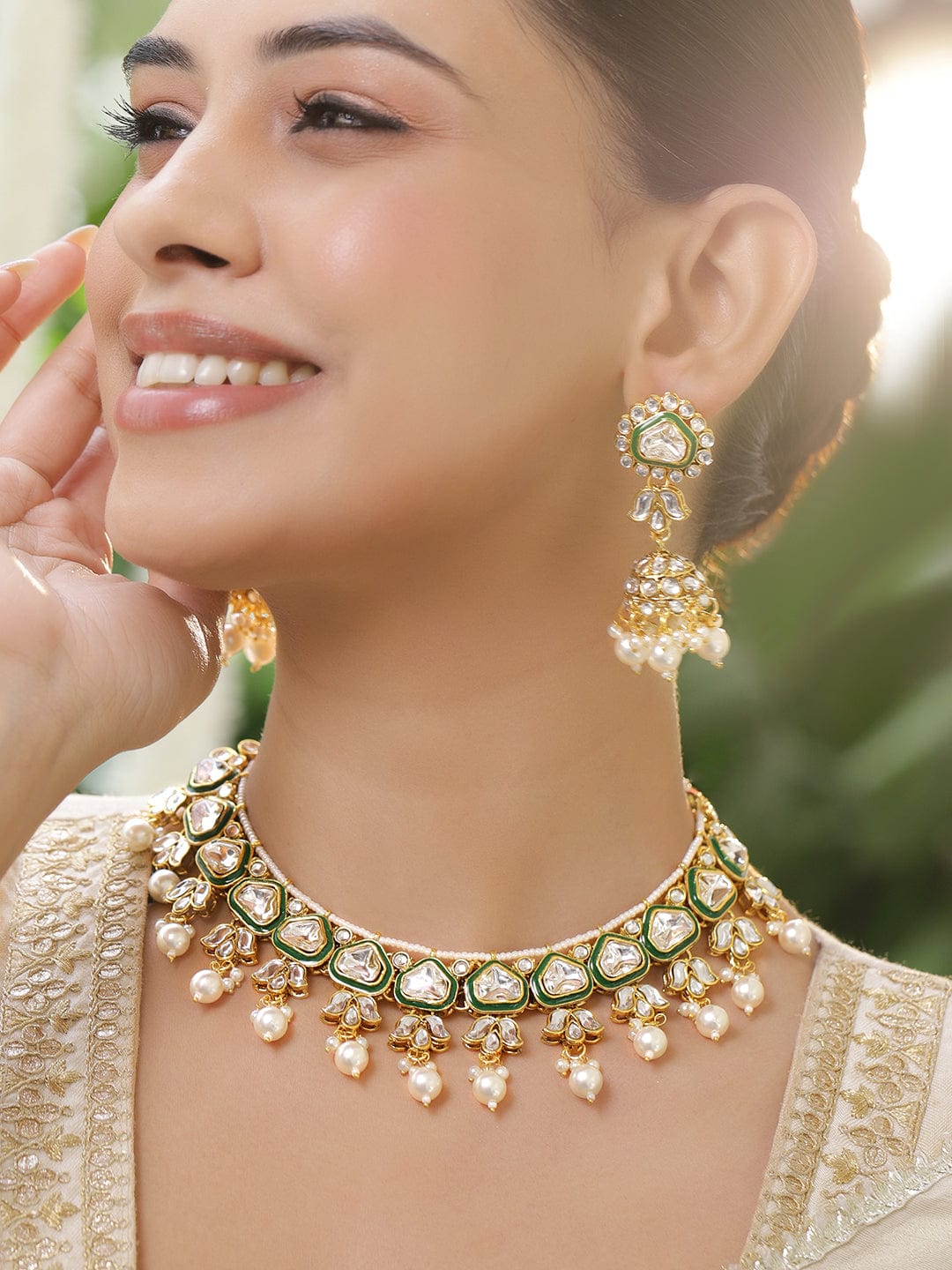 Rubans 22K Gold-Plated Handcrafted Kundan Studded Green Enamel & White Pearl Beaded Necklace Set Necklace Sets
