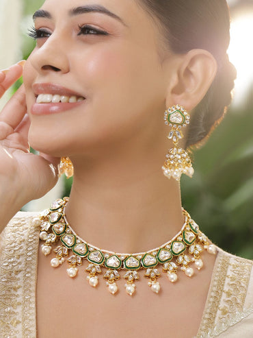 Rubans 22K Gold-Plated Handcrafted Kundan Studded Green Enamel & White Pearl Beaded Necklace Set Necklace Sets