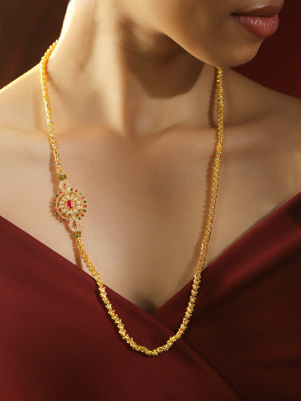 Rubans 22K Gold-Plated Handcrafted Long Necklace with Ruby Pink & Emerald Green Accent Pendant for Women Necklace and Chains