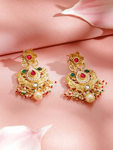 Rubans 22K Gold-Plated Handcrafted Necklace Set with Red & Green Kundan & White Pearl Beads Jewellery Set