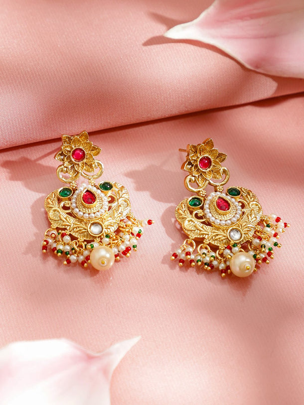 Rubans 22K Gold-Plated Handcrafted Necklace Set with Red & Green Kundan & White Pearl Beads Jewellery Set