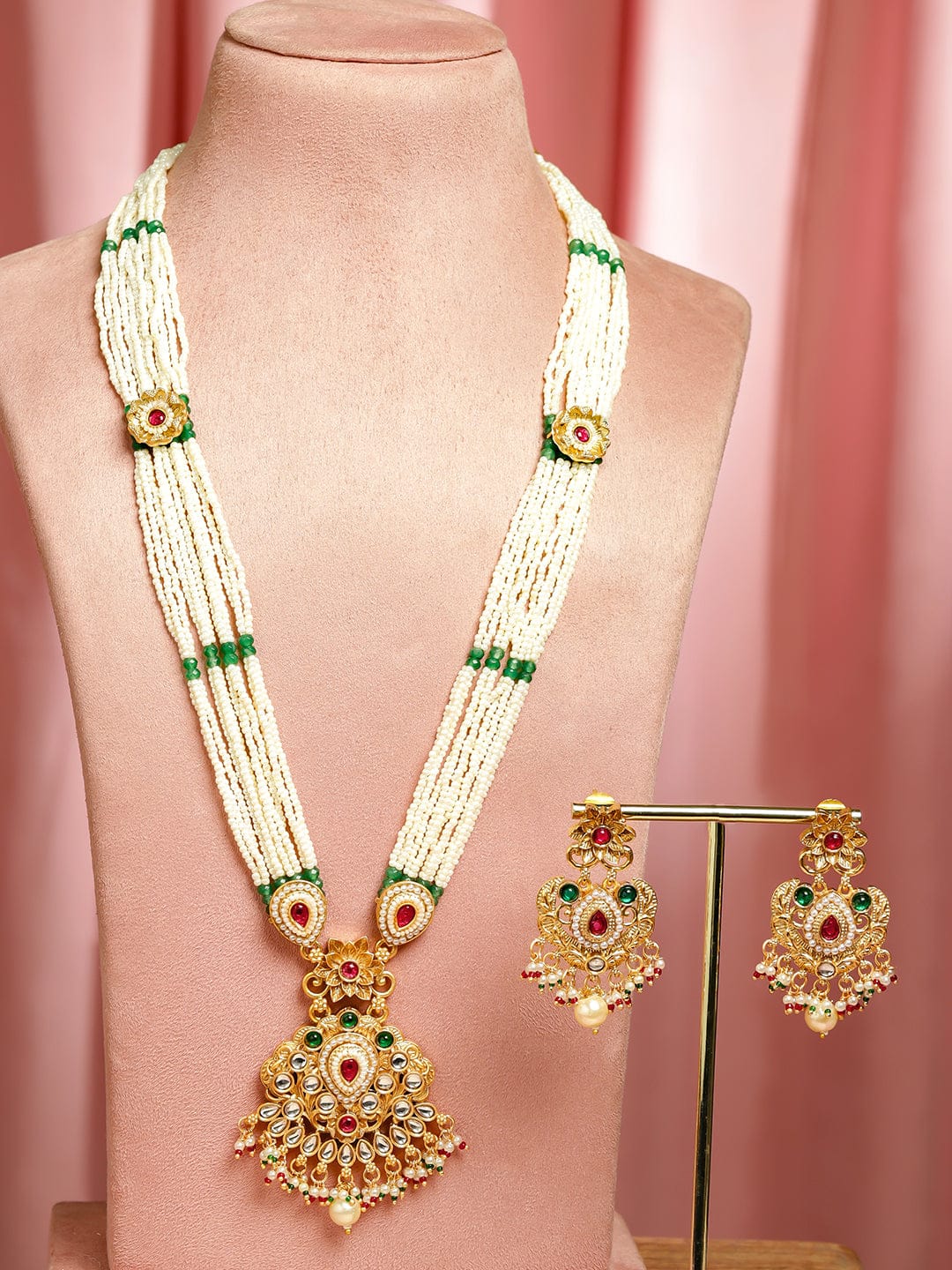 Rubans 22K Gold-Plated Handcrafted Necklace Set with Red & Green Kundan & White Pearl Beads Jewellery Set