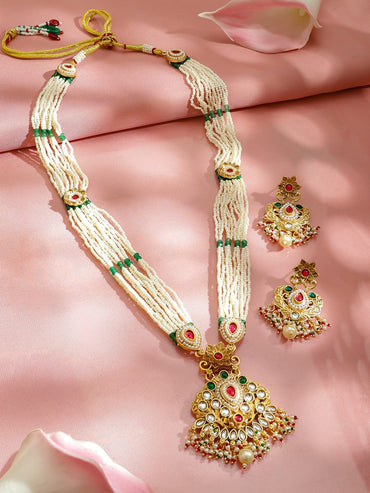Rubans 22K Gold-Plated Handcrafted Necklace Set with Red & Green Kundan & White Pearl Beads Jewellery Set