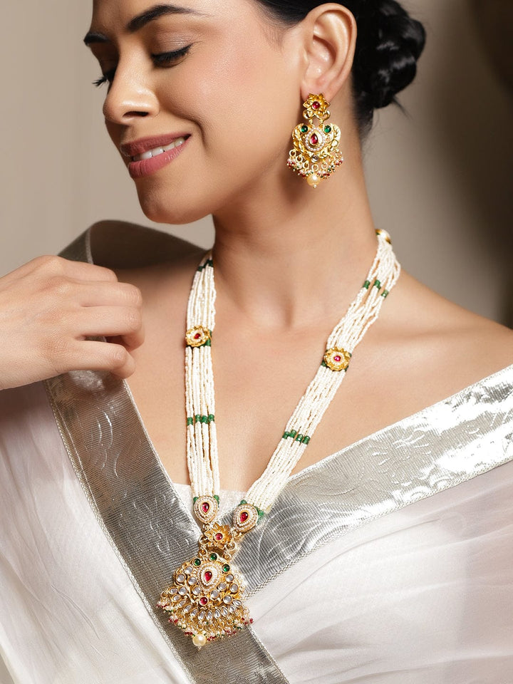 Rubans 22K Gold-Plated Handcrafted Necklace Set with Red & Green Kundan & White Pearl Beads Jewellery Set