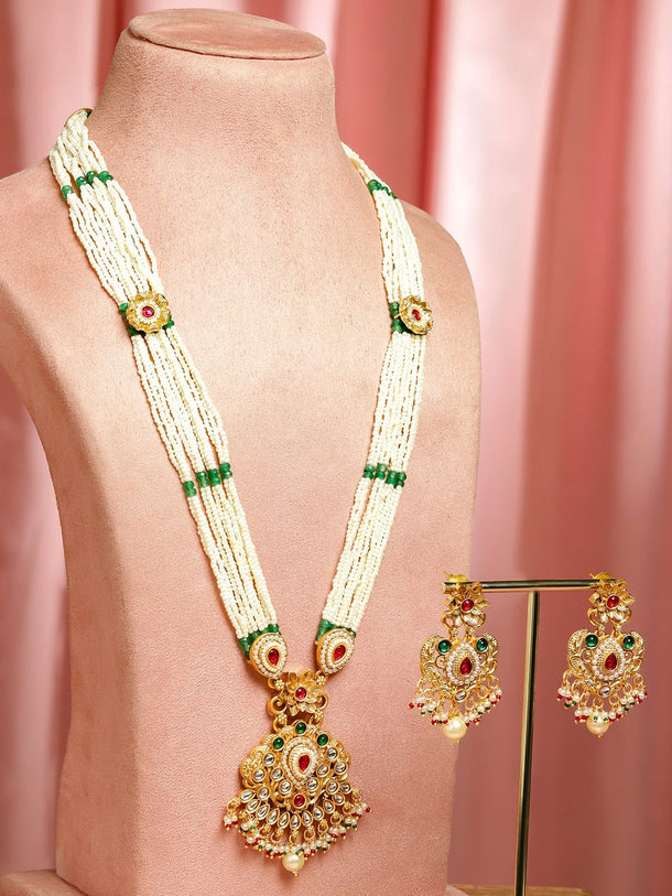 Rubans 22K Gold-Plated Handcrafted Necklace Set with Red & Green Kundan & White Pearl Beads Jewellery Set