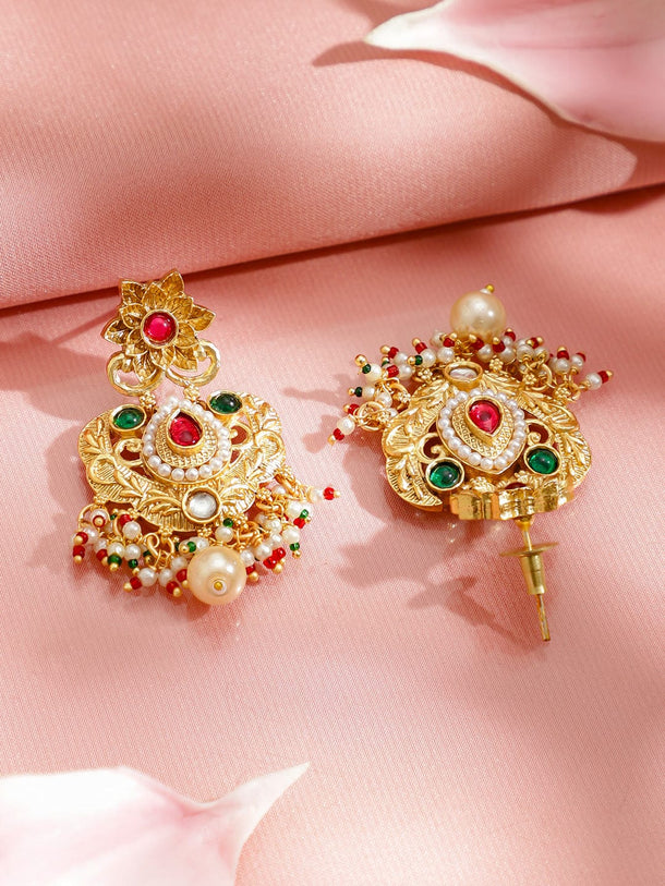 Rubans 22K Gold-Plated Handcrafted Necklace Set with Red & Green Kundan & White Pearl Beads Jewellery Set