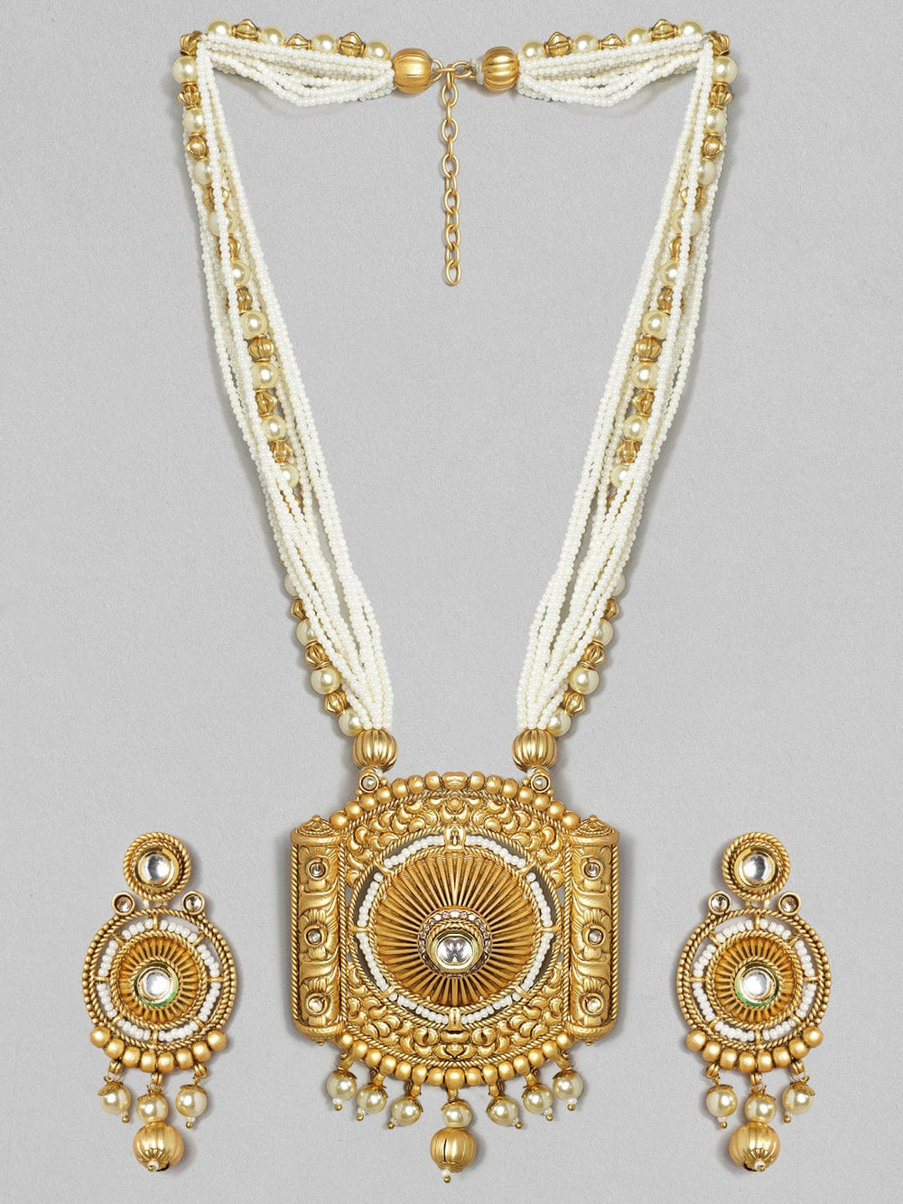 Rubans 22K Gold Plated Handcrafted Pearl Multistranded Filigree Necklace Set Necklace Set
