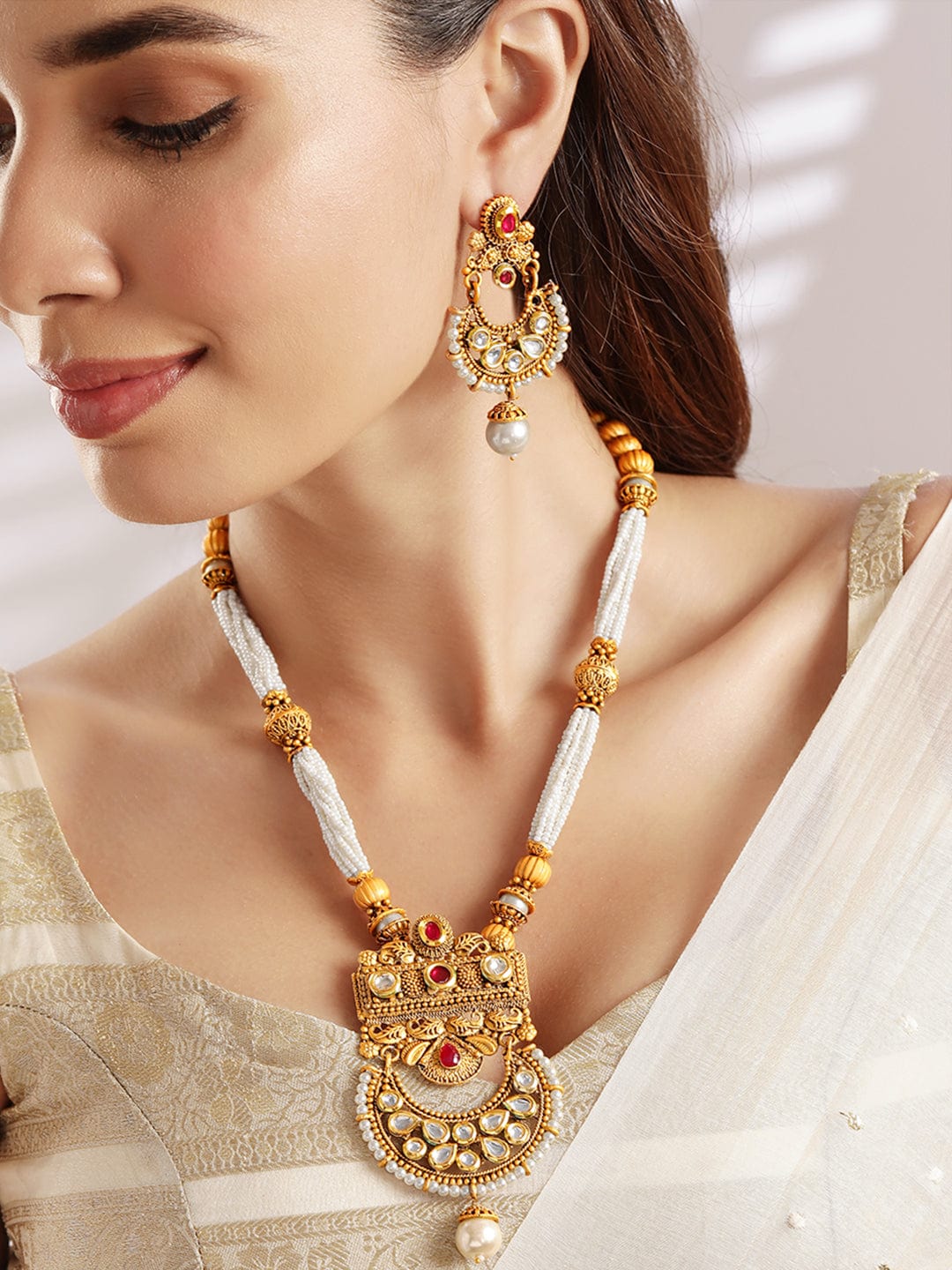 Rubans 22K Gold Plated Handcrafted Pearl Multistranded Kundan Necklace Set Necklaces, Necklace Sets, Chains & Mangalsutra