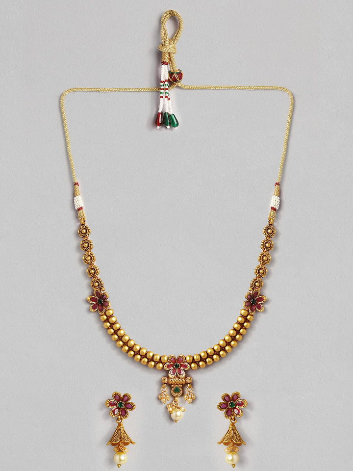 Rubans 22K Gold Plated Handcrafted Pink & Green Stone Necklace Set Necklace Set