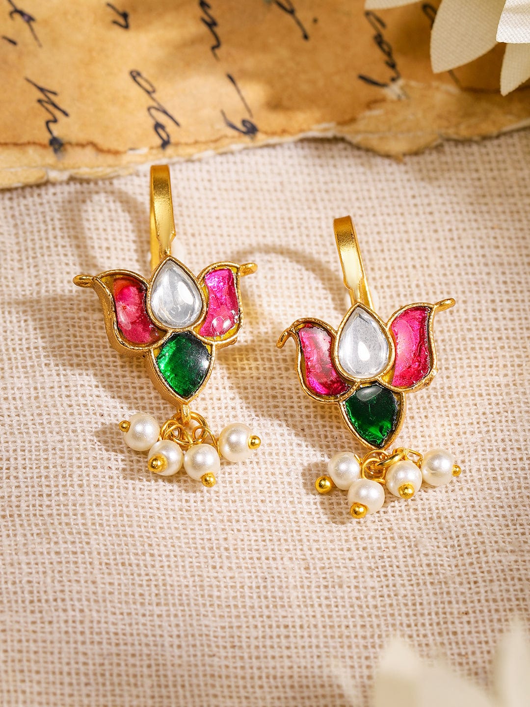 Rubans 22K Gold-Plated Handcrafted Ruby Pink, Emerald Green & White Kundan Studded Lotus Design Minimal Ear Cuff with Pearl Drop for Women Ear Cuff Earrings